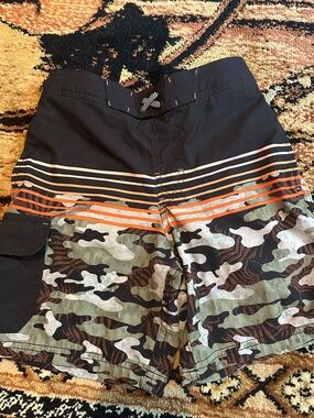 wonder nation Black Orange Green Camo Boys Swim Trunks